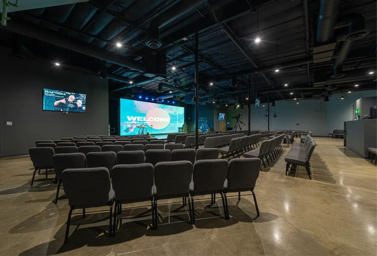 mesa church new 368-seat worship room with state-of-the-art audio and video system with sound booth. church design build by visioneering studios