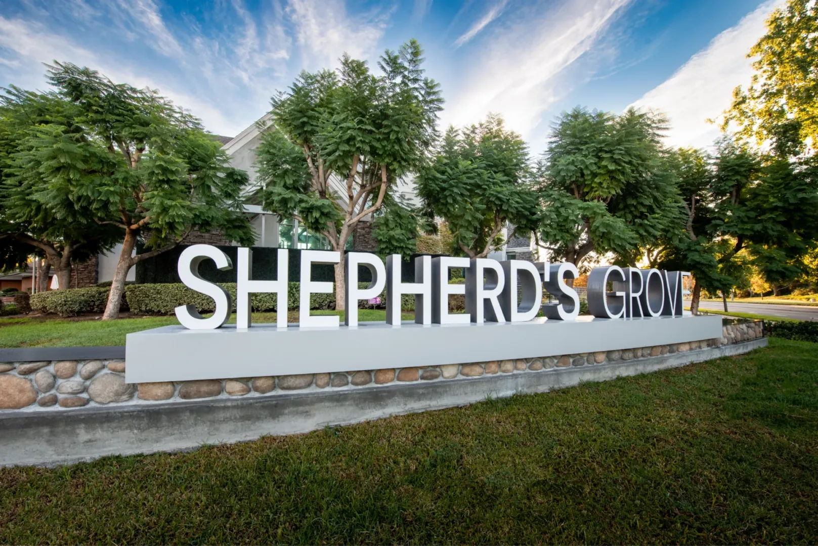 Custom exterior church signage for Shepherd’s Grove designed by Visioneering Studios.