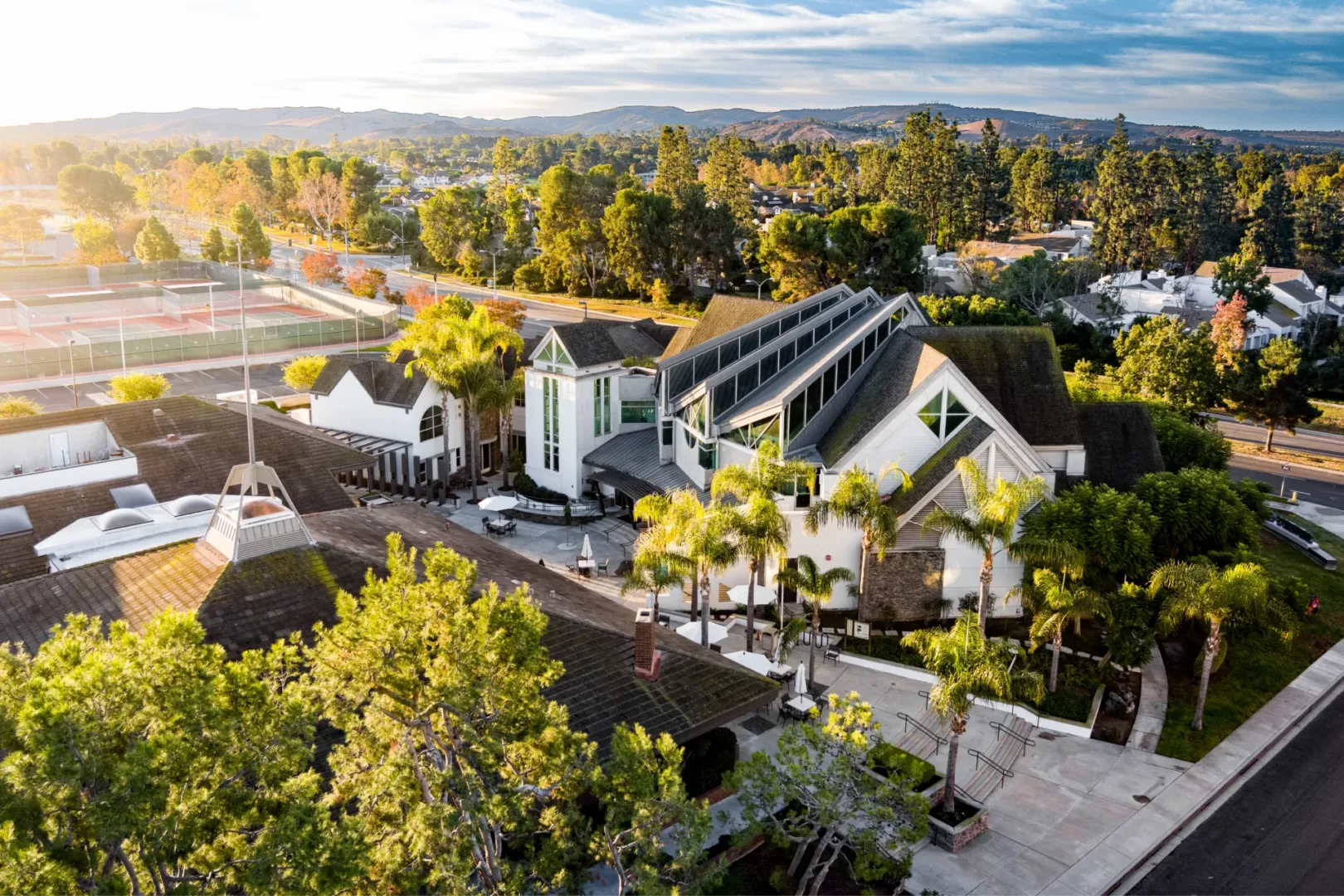 Drone view of Shepherd’s Grove church campus featuring the outdoor courtyard, main worship center, and Hour of Power structure.