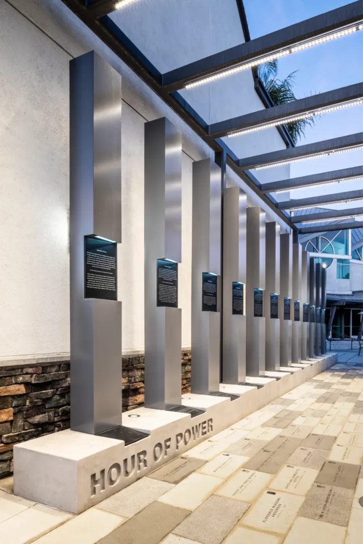 Hour of Power structure with signature concrete pillars designed and built by Visioneering Studios at Shepherd’s Grove.