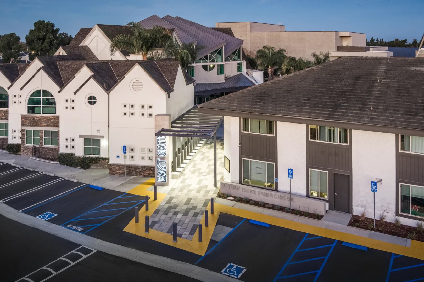 Exterior view of Shepherd’s Grove featuring the new East Gate Portal designed by Visioneering Studios, connecting the Hour of Power structure to the worship center.