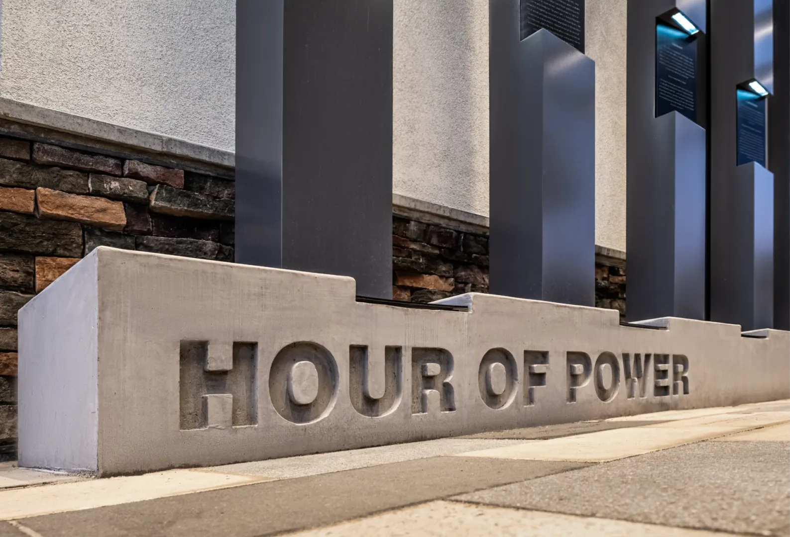 Architectural detail of the Hour of Power pillars and engraved base at Shepherd’s Grove, church designer Visioneering Studios.