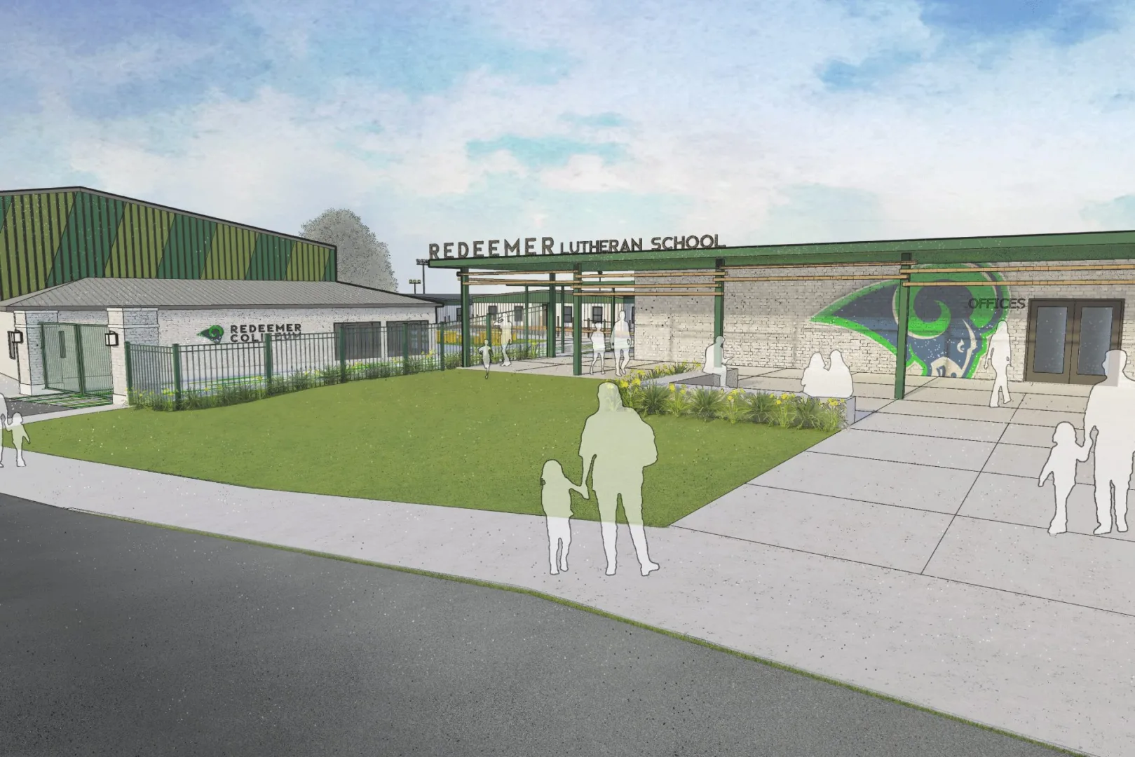 Rendering of a school exterior with classroom buildings, landscaped courtyard, and pedestrian-friendly campus circulation designed by Visioneering Studios.