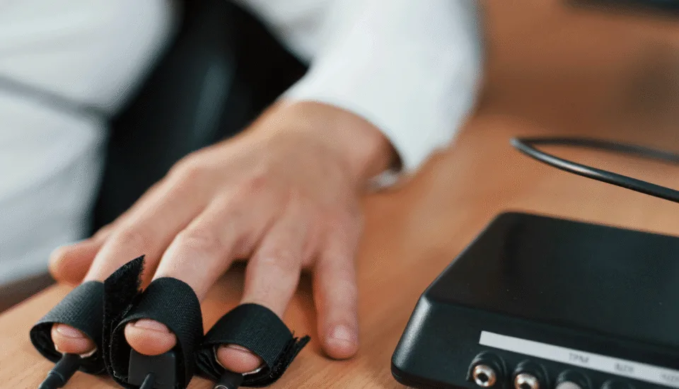 Close-up of a hand connected to a polygraph lie detector test, representing the importance of asking the right questions when choosing a church architect