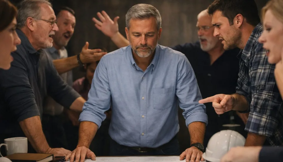 Design-build church construction blog and resources by Visioneering Studios. image shows a group of people all talking to the man (represents the pastor) in the middle who is just looking down feeling defeated and overwhelmed by everyone telling him what he should be doing.