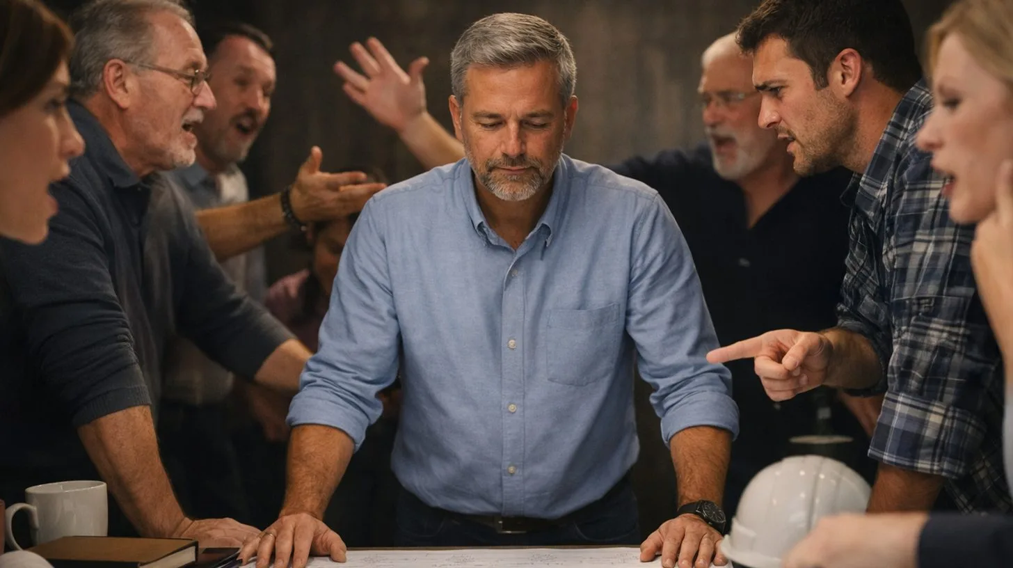 Design-build church construction blog and resources by Visioneering Studios. image shows a group of people all talking to the man (represents the pastor) in the middle who is just looking down feeling defeated and overwhelmed by everyone telling him what he should be doing.